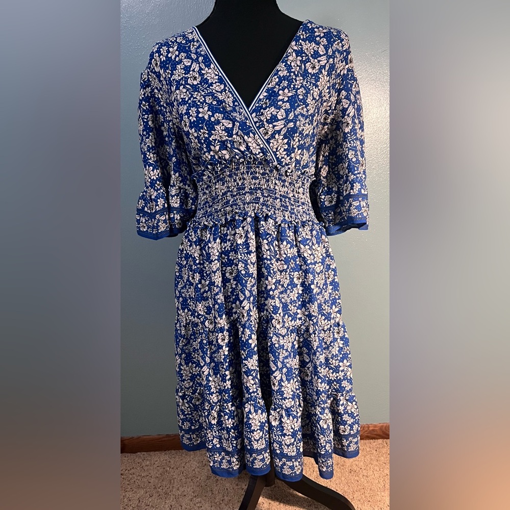 Blue Floral Wrap-Style Smocked Waist Dress